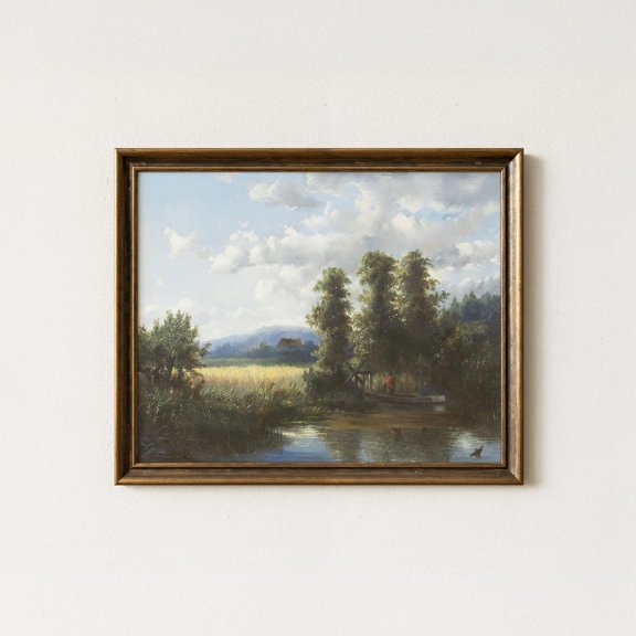 Vintage River Landscape Antique Countryside Wall Art European Cottagecore Home Room Interior