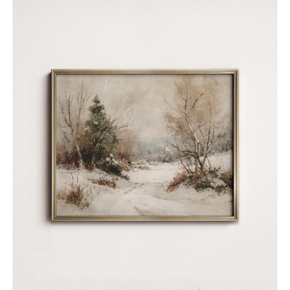 Vintage River Landscape Boats and Misty Hills Neutral Art Winter Landscape Poster Snowy Forest Nature Scene Art, UNFRAMED Size 16x16