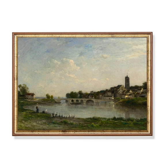 Vintage Riverside Village Poster Rustic European Landscape Home Decor, 12x18 UNFRAMED