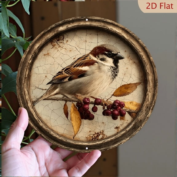 Vintage Robin on Red Berries Branch Rustic Bird Decor, 8" Round Aluminum Wall Art Sign, Metal Signs, Wall Decor For Spring, Door, Bedroom Decor, Best Gifts For Room, Home Decor, Weird Decor, 2D Flat