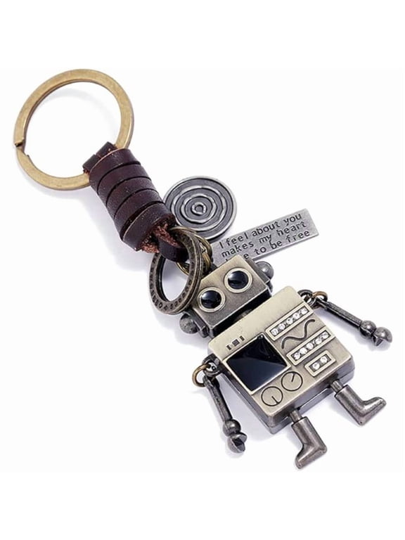 Vintage Robot Keychain, Retro Metal Robot Charm with Leather Strap & Quote Tag, Steampunk Key Ring for Men, Boys, Sci-Fi Fans, Gifts
