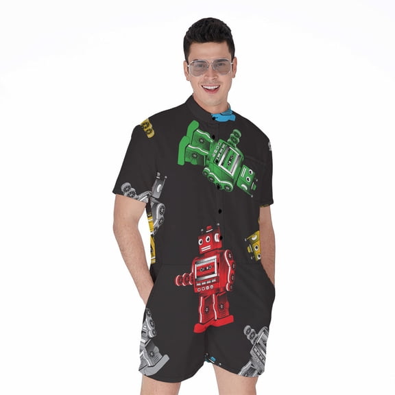 Vintage Robot Pattern Short Sleeve Men'S Rompers, Robot Casual Summer Jumpsuits Outfit