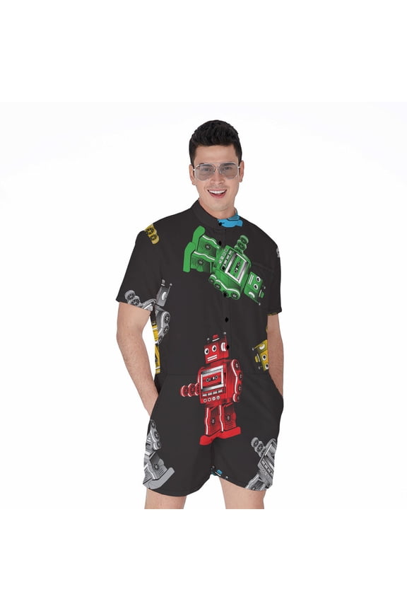 Vintage Robot Pattern Short Sleeve Men'S Rompers, Robot Casual Summer Jumpsuits Outfit