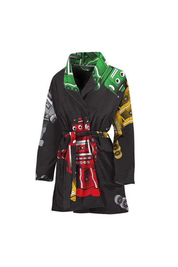 Vintage Robot Pattern Women Bathrobe One Size Univeral Fits, Robot Fashion Lightweight Plush Fleece Long Robe For Women