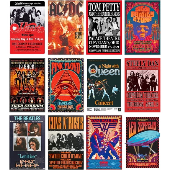 Vintage Rock Band Posters for Room Aesthetic, 70s 80s 90s Retro Music Room Wall Bedroom Decor Art, Vintage Rock Concert Poster Wall Collage, Old Music Album Cover Prints (12 SET B, 7.8X11.8 INCH)
