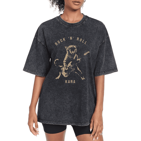 Vintage Rock Cat Graphic Tees Print Tshirt Washed Black Music Shirts S-2XL Tops