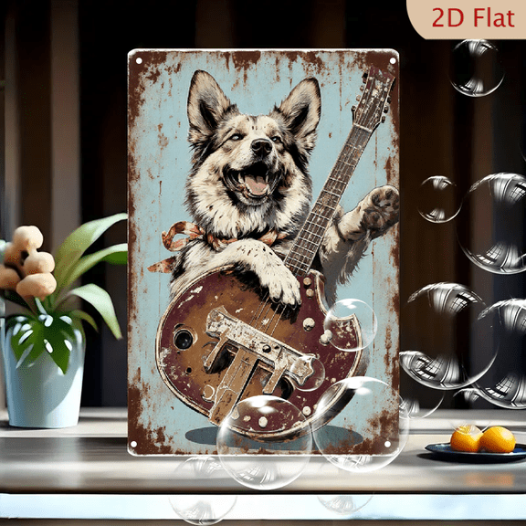 Vintage Rock Dog Playing Electric Guitar Art Print, 8x12 Inches Metal Tin Sign, Grunge Sunburst Guitar Poster with German Shepherd Musician, Rustic Wall Decor for Bar Man Cave