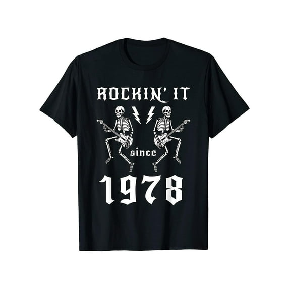 Vintage Rock Graphic Tee T Shirt Top 1978 Skeleton Guitar Design Short Sleeve Crew Neck Black S-5XL