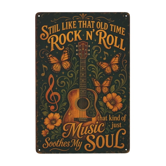 Vintage Rock N' Roll Guitar Metal Wall Sign - 8x12 Inch Rustic Music Theme Home Decor, Pre-Drilled Easy Hanging Iron Plaque, Indoor Outdoor Weather Resistant Art for Music Lovers
