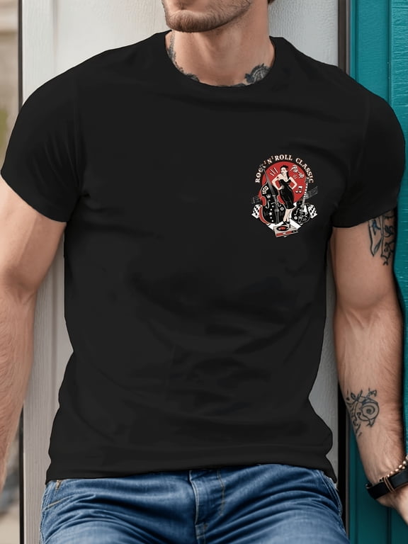 Vintage Rock Pin-Up Girl T-Shirt, Black with Red and White Color Scheme + Bass Guitar and Gramophone Elements, 'Classic Rock Style' Men's Short Sleeve