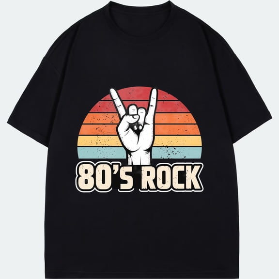 Vintage Rock T Shirt Black 80s Rock Hand Sign Rainbow Sunset Print For Music Festival Party Casual Wear
