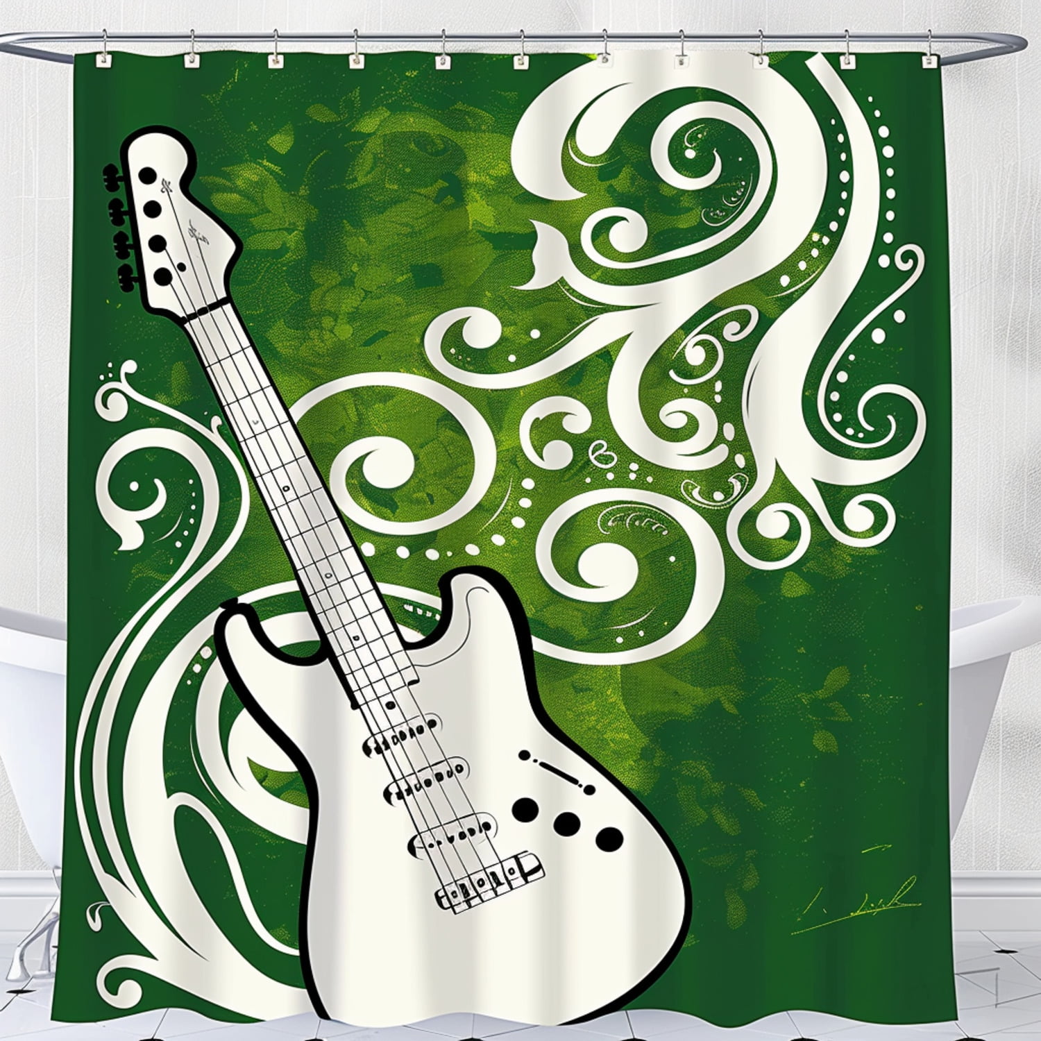 Vintage Rock n Roll Guitar Swirl Shower Curtain Modern Design Green