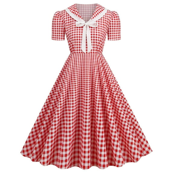 Vintage Rockabilly Dress for Women 1950s 1960s Plaid Dress Casual Puff Sleeve A-line Dress Fashion Housewife Outfits