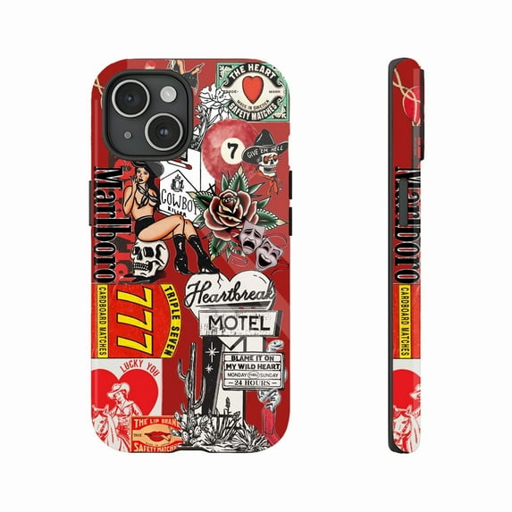 Vintage Rocker Cowboy Style Phone Case for Edgy Rebels & Retro Lovers - Bold Design with Skulls Roses Hearts & Retro Signs, Compatible with iPhone 11/12/13/14/15/16 (Pro Max/Plus)