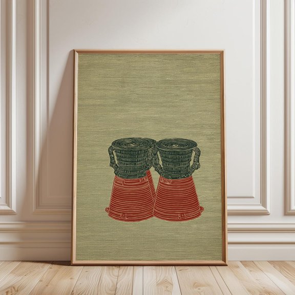 Vintage Rocket Engine Retro Style Green Red Science Home Wall Art Decor, Unframed Canvas 16x20in