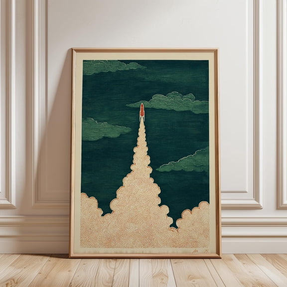 Vintage Rocket Launch Space Illustration Teal and Peach Science Art Print, Unframed Paper Poster 8x10in