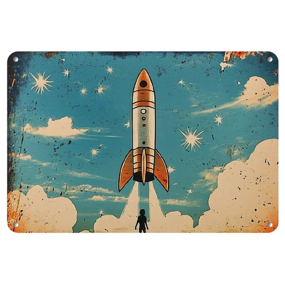 Vintage Rocket Ship & Planet Metal Wall Art - 8"x12" Iron Sign for Garage, Cafe, Bar, or Living Room Decor, Perfect for Room Decor
