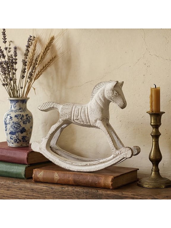 Vintage Rocking Horse Figurine, Distressed Cast Iron Decorative Ornament with Classic Nostalgic Design, Tabletop Accent for Shelf, Mantel, Desk, Windowsill, Office and Home Decor