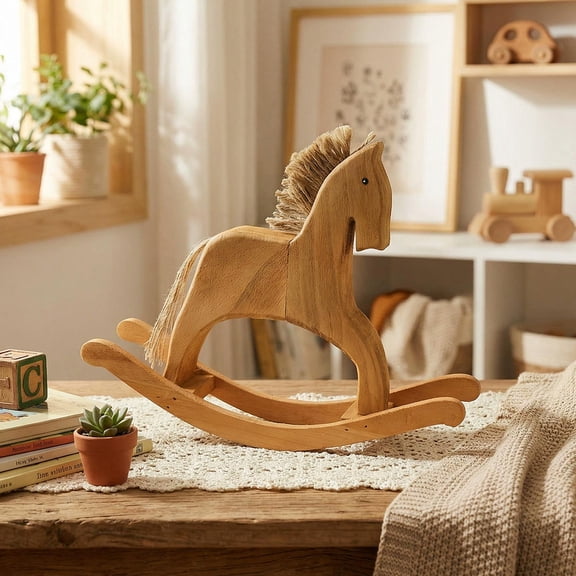 Vintage Rocking Horse, Handmade Wood Carving Ornament for Foyer, Creative Small Horse Tabletop Decor, Nostalgic Wooden Sculpture for Living Room and Bedroom Interior by UKHBMC