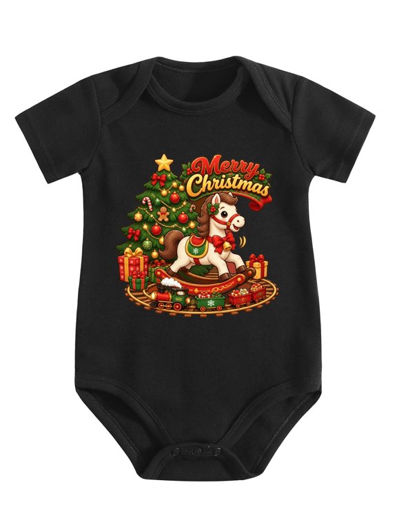 Vintage Rocking Horse Train Track Baby Bodysuit, 100% Cotton Short Sleeve Snap Romper, 0-12 Months