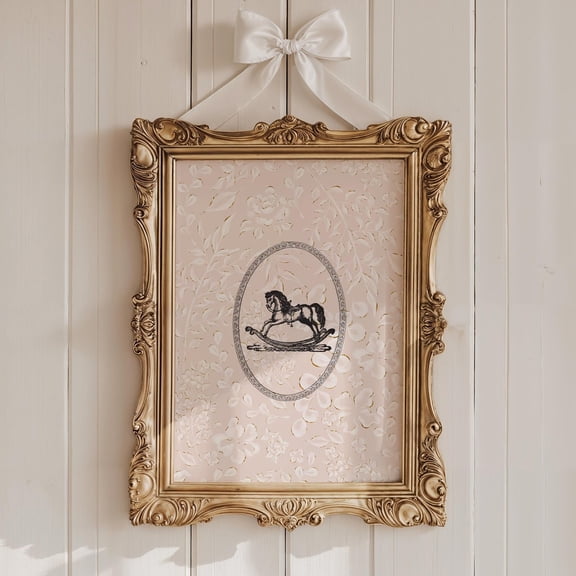 Vintage Rocking Horse Wall Art, Nursery Elegant Gold Art Floral Background, Romantic Coquette Nursery Print, Love Shack Fancy Decor Pink Wall Art, Modern Wall Decor, 24x36 UNFRAMED