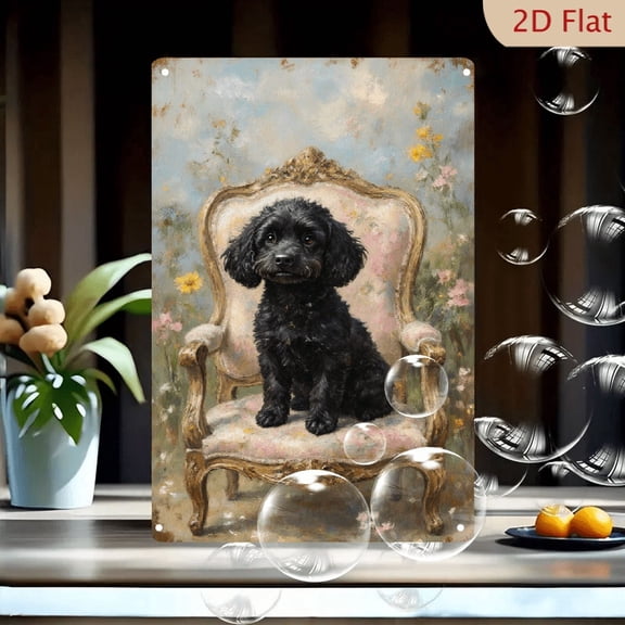 Vintage Rococo Black Dog Portrait on Antique Armchair, 8x12 Inches Metal Wall Art, Impressionist Pet Painting with Garden Background, Elegant Gilded Frame Decor for Home Office