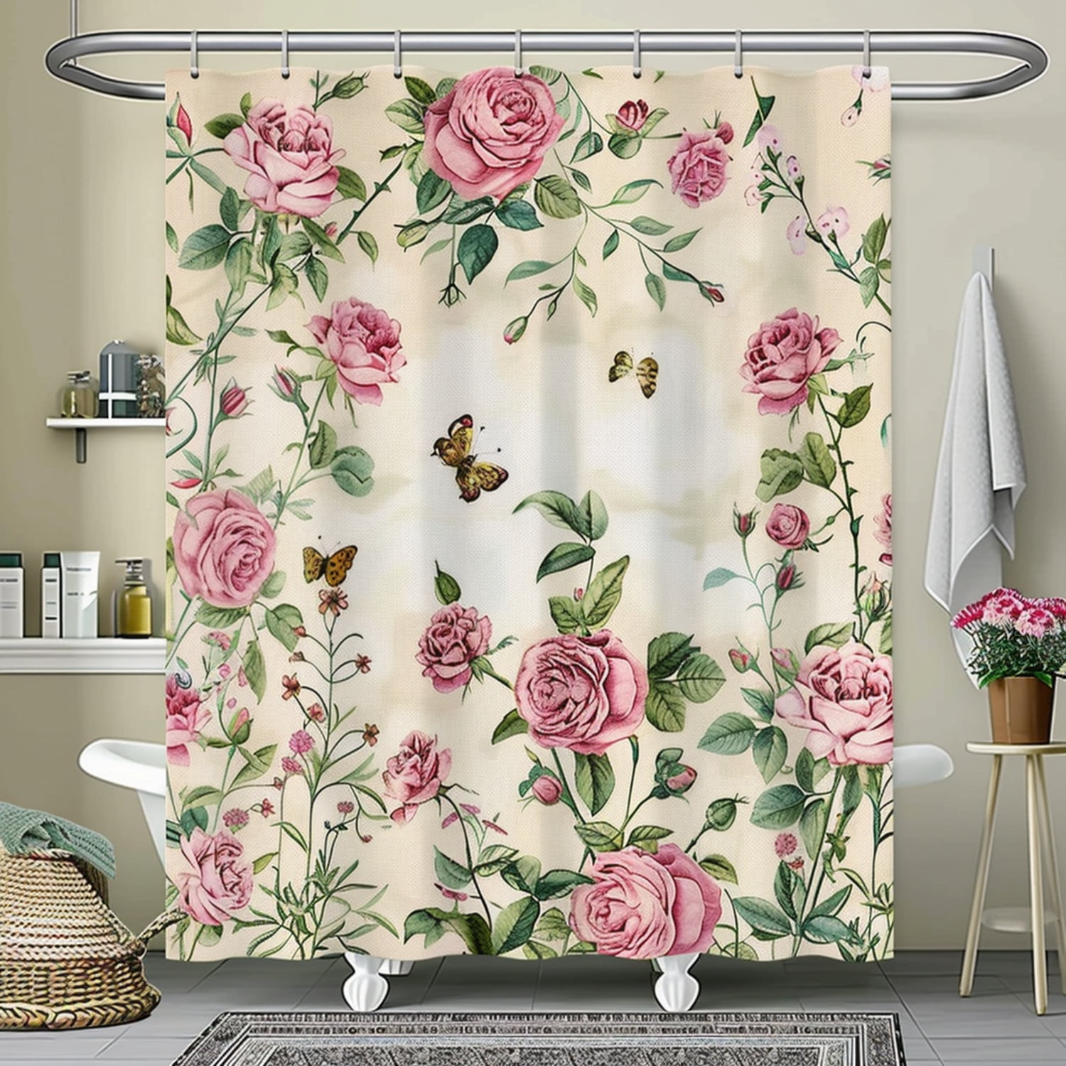 Vintage Rococo Rose Flower Butterfly Shower Curtain Pastel Pink Floral