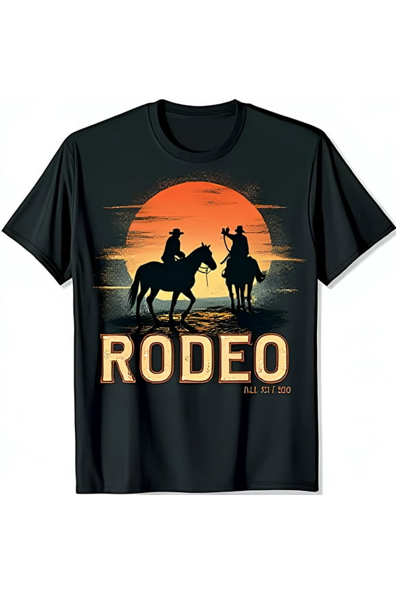 Vintage Rodeo Black T-Shirt for Men Cowboy Sunset Graphic