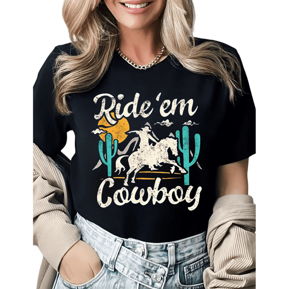 Vintage Rodeo Cowboy Art Graphic Tees Womens Print Tshirt Black/White S-5XL Tops