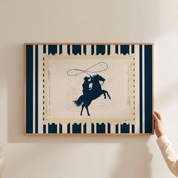 Vintage Rodeo Cowboy Navy Wall Art, Western Striped Horse, Rustic Mid Century Modern Bedroom Decor, Retro Western Art Unframed Paper Print