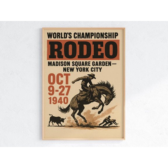 Vintage Rodeo Poster Print, 1940 Madison Square Garden Cowboy Art, Western Wall Decor, Rustic Ranch Gift, Cowboy Bronco Riding, Western Art, Poster Only