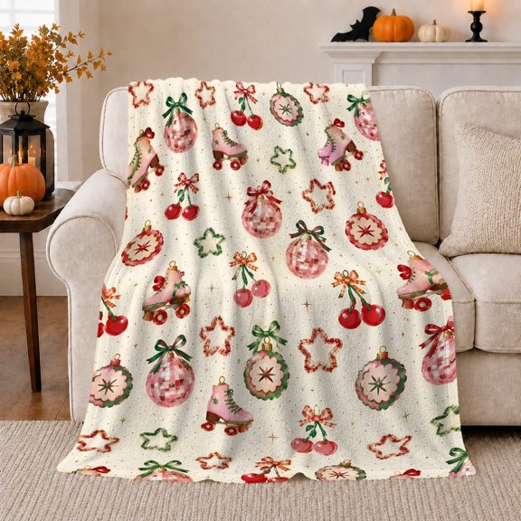 Vintage Roller Skate Cherry Holiday, Festive Holiday Scene, Warm Flannel Blanket for Living Room and Family Room with Detailed Artwork, Art Lovers Christmas Gift, Festive Home Decor