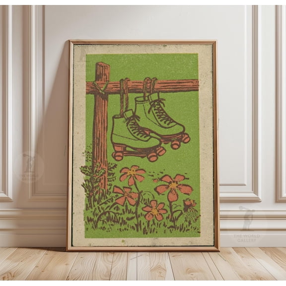 Vintage Roller Skate Poster Green Linocut Retro Floral Wall Art Decor, Unframed Poster