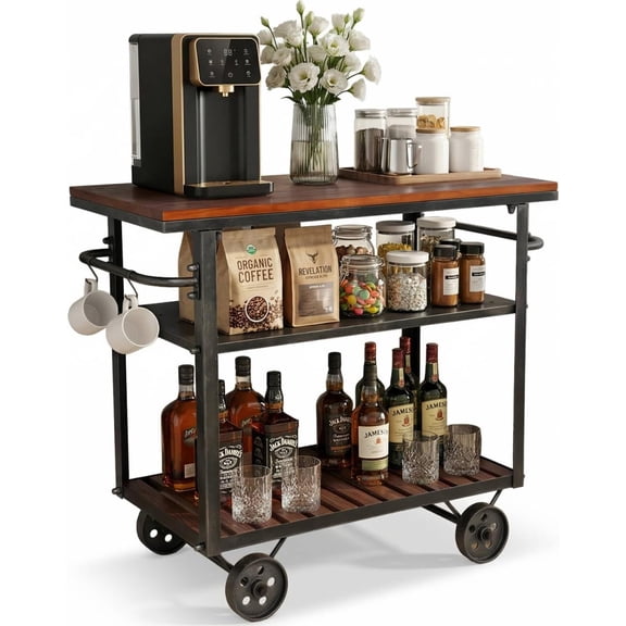 Vintage Rolling Bar Cart on Wheels Industrial Mobile Serving Cart Metal and Wood Design for Kitchen Bar Office Coffee House 36.2" Lx15.75 Wx30.5 H 3 Tier with 2 Side Handle