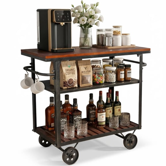 Vintage Rolling Bar Cart On Wheels, Three Tier Industrial Mobile Serving Cart, Wood Metal Beverage Trolley Stand For Kitchen Dining Room Coffee Bar, Rustic Brown