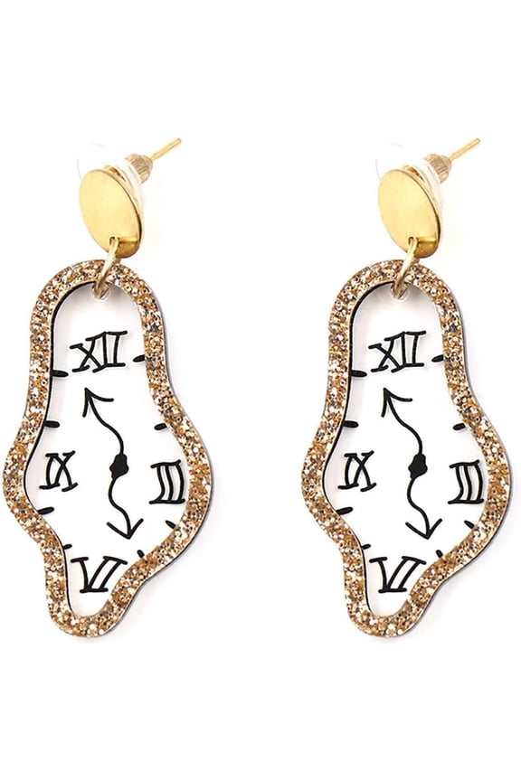 Vintage Roman Numeral Clock Drop Dangle Earrings for Women Gold-Toned Unique Irregular Glitter Timepiece Dangling Studs Earring Lightweight Retro Artistic Jewelry