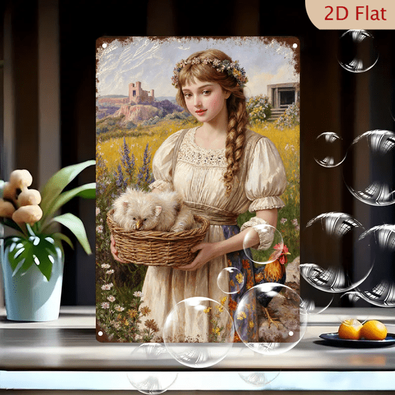 Vintage Romantic Painting of Young Woman with Puppies in Lavender Meadow, 8x12 Inches Metal Wall Art, Pastoral Scenery with Rooster and Castle Ruins, Cream Dress Floral Crown for Home Decor
