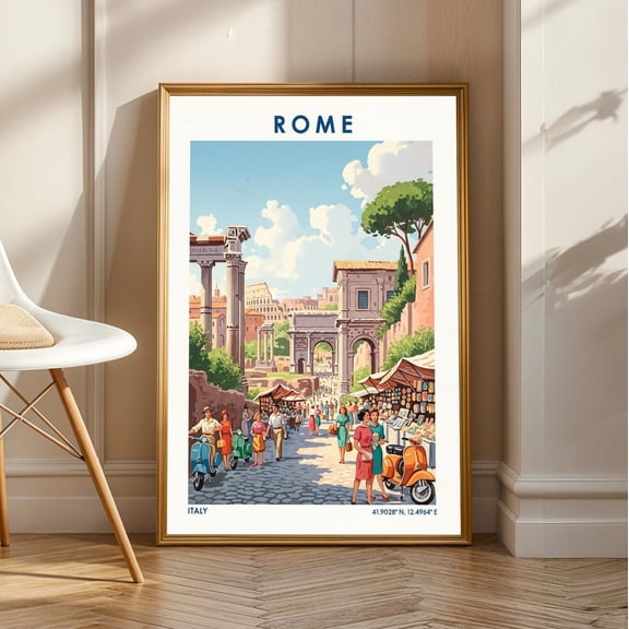 Vintage Rome Street Scene Poster: Retro Italian Travel Art, Unframed Poster Size 16x24