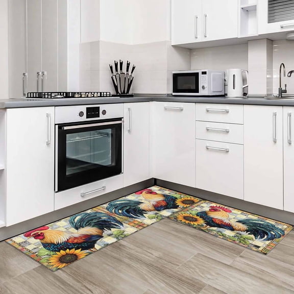 Vintage Rooster 2 Pieces Non-Slip Kitchen Mat Set Yellow Sunflower Watercolor Animals Soft Door Mat with Rubber Backing,Dirtproof Rugs for Entrance Doorway 23.6x35.4in+23.6x70.9in