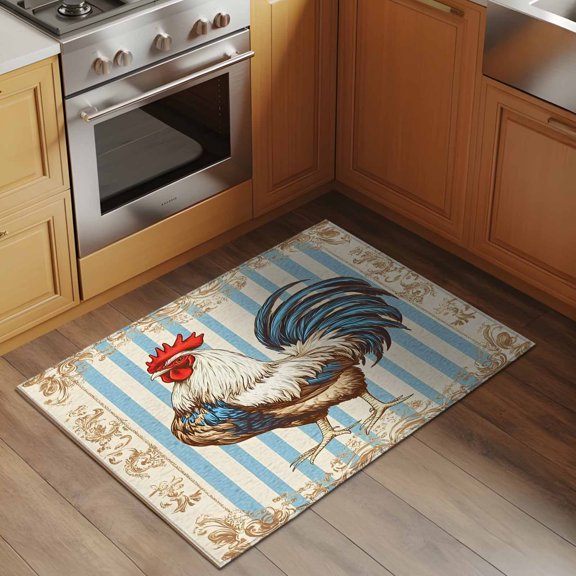 Vintage Rooster 2x3 Rug for Entryway Front Door Kitchen Sink Area, Farmhouse Blue Stripes Animal Flower Country Low Pile Washable Non Slip Rectangle Area Rug
