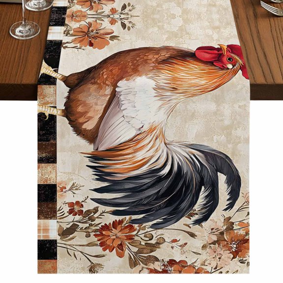 Vintage Rooster 48 Inch Table Runner, Spring Flower Elegant Animals Farmhouse Dresser Scarf Cotton & Linen Tablerunner for Dining/Kitchen Island/Holiday Party Décor 13" x 48"
