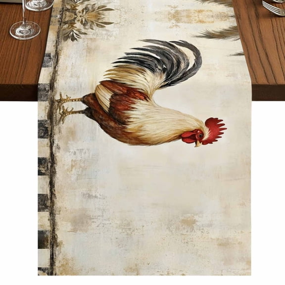 Vintage Rooster 48 Inch Table Runner, Watercolor Pastoral Animals Buffalo Farmhouse Dresser Scarf Cotton & Linen Tablerunner for Dining/Kitchen Island/Holiday Party Décor 13" x 48"