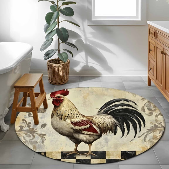 Vintage Rooster 4ft Round Rug for Cozy Reading Nook Home Office Chair Area, Retro Flower Animal Watercolor Plaid Farmhouse Washable Non Slip Circle Area Rug
