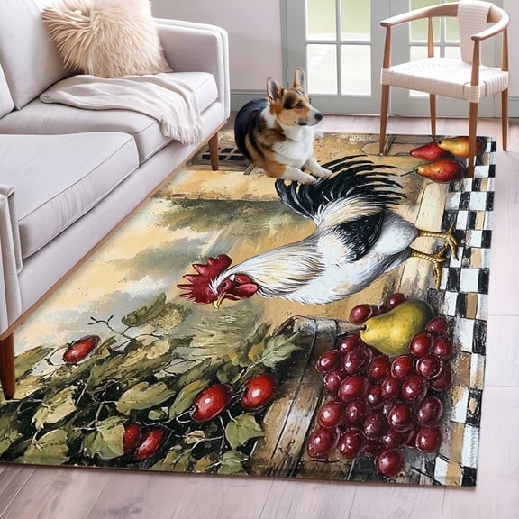 Vintage Rooster Area Rug 3x5 Washable Rug Non Slip Pastoral Animals Plaid Large Area Rug Indoor Floor Carpet for Entryway Bedroom Kitchen Living Room Home Office Dining Room Nursery