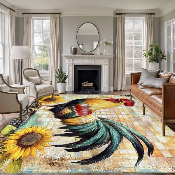 Vintage Rooster Area Rug 6x9 FT, Non Slip Living Room Throw Carpet, Pastoral Floral Watercolor Animals Washable Soft Large Floor Carpet Non-Shedding Rug for Bedroom Dining Room Play Room