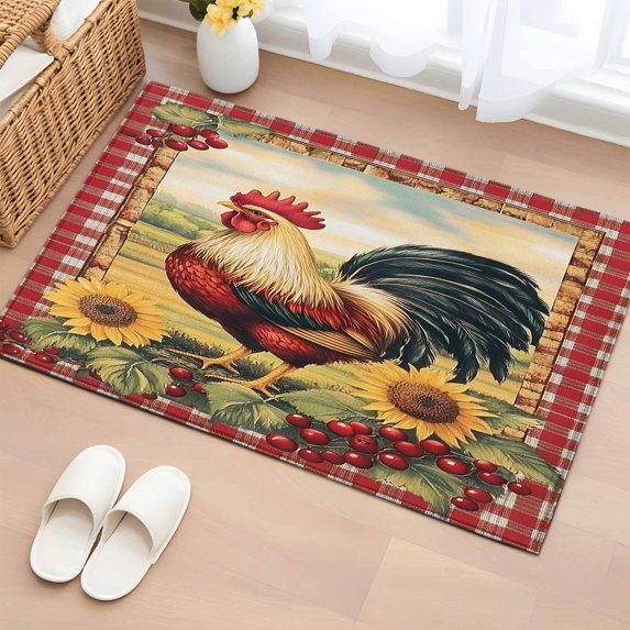 Vintage Rooster Bathroom Mats 2x3 FT, Non Slip Small Kitchen Mat, Pastoral Watercolor Sunflower Plaid Washable Soft Backed Front Door Throw Rugs Non-Shedding Indoor Outdoor Doormat for Entryway Sink
