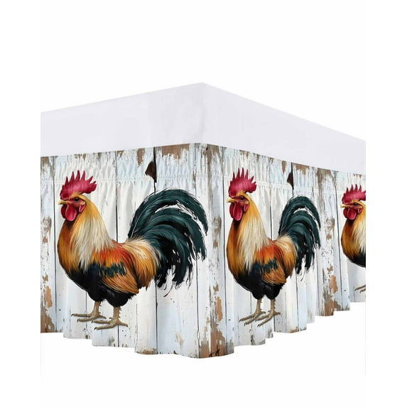 Vintage Rooster Bed Skirt Queen Size 18" Drop Colorful Chicken White Wooden Broad Ruffled Wrap Around Bed Skirts Adjustable Elastic Bedskirt Dust Ruffle for Queen Size Bed