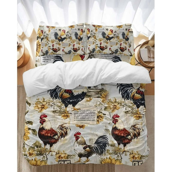 Vintage Rooster Bedding Duvet Cover Set King Size 4 Pieces Sunflower Farmhouse Rural Country Bedding Set with Zipper Closure, 1 Comforter Cover 92x106 Inches 1 Flat Sheet & 2 Pillow Cases
