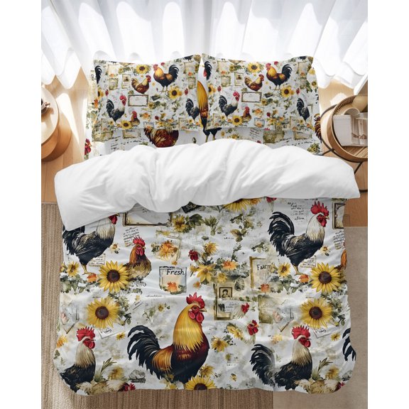 Vintage Rooster Bedding Duvet Cover Set Twin Size 4 Pieces Farmhouse Sunflower Watercolor Animal Bedding Set with Zipper Closure, 1 Comforter Cover 68x90 Inches 1 Flat Sheet & 2 Pillow Cases
