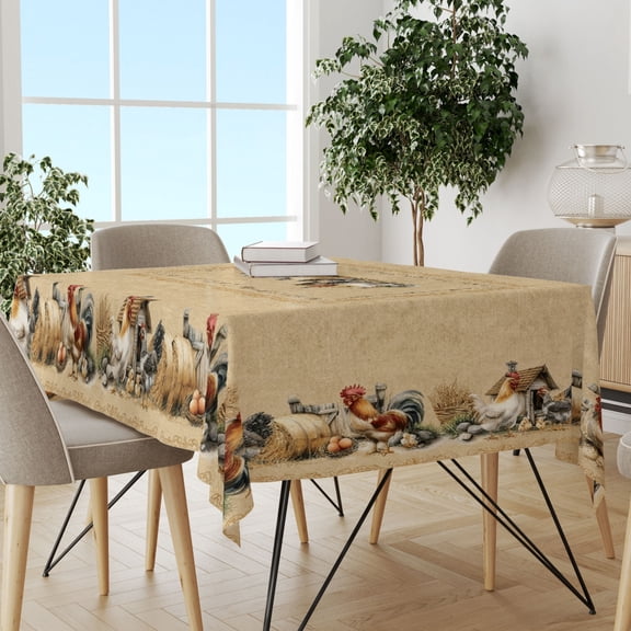 Vintage Rooster Beige Rectangle Tablecloth, Summer Countryside Printed Cover, Stain Resistant Practical Cloth for Home & Holiday Gatherings